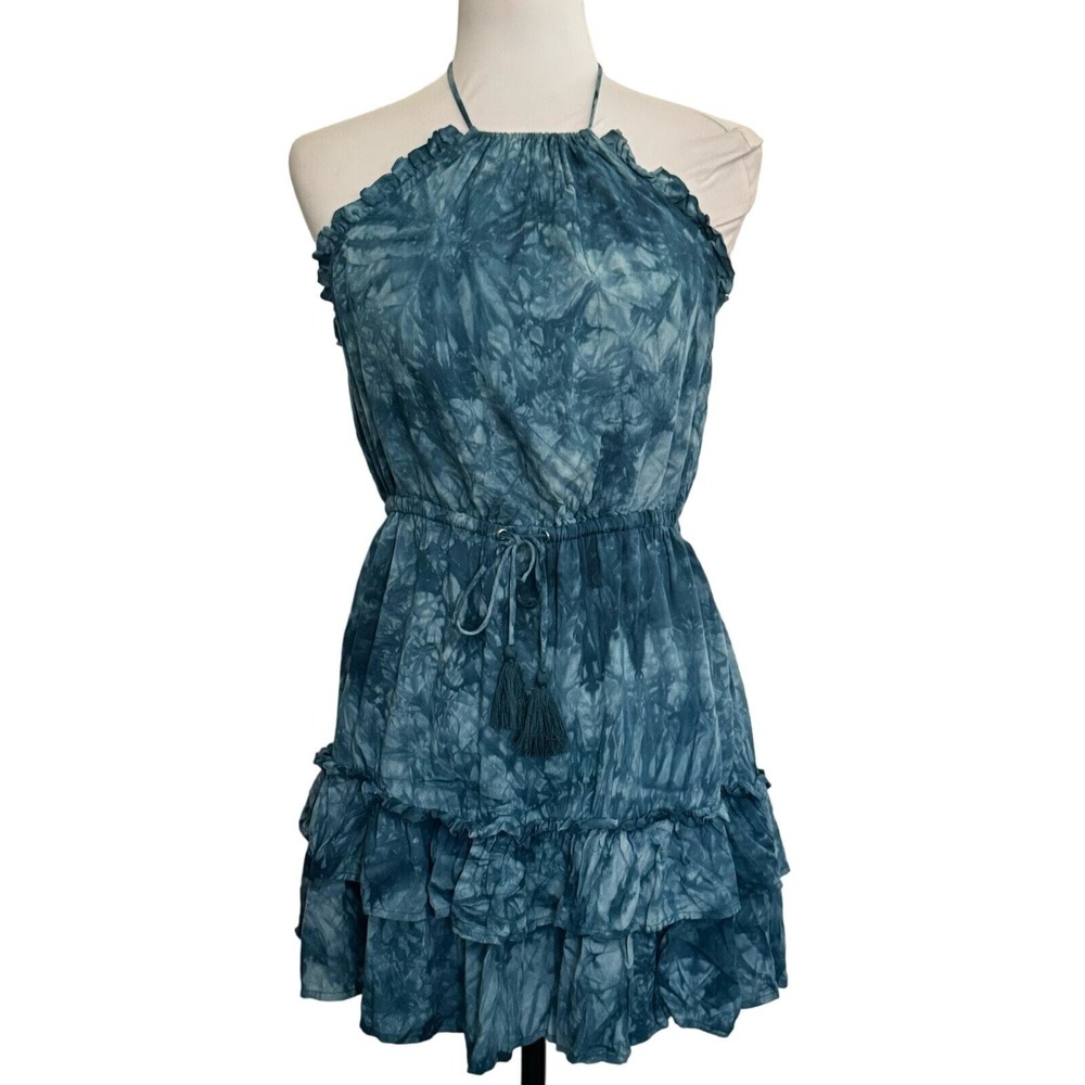 Revolve Majorelle Dress M Teal Blue Tie Dye Halter Mini Low Back Tiered ‎ Ruffle
